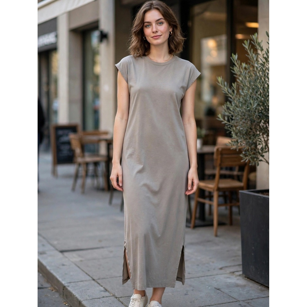 Uniqlo Mercerized Cotton French Sleeve Long Dress Taupe Beige Large 423153